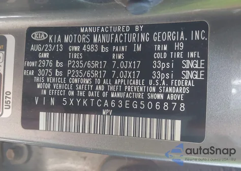 2014 Kia Sorento Lx из США, поврежденный, VIN 5XYKTCA63EG506878